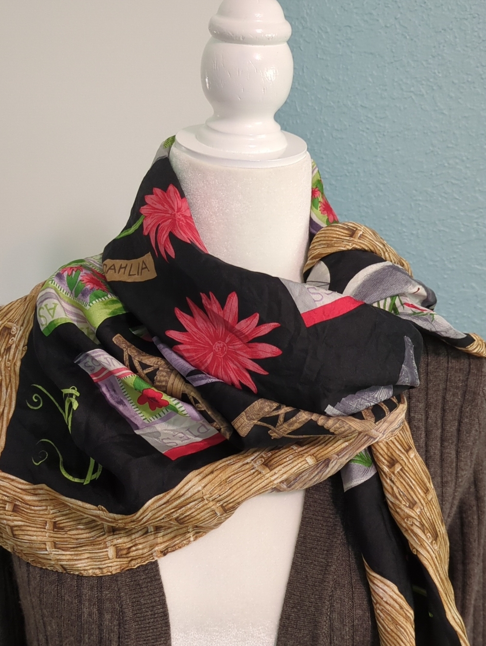 Echo Silk Black Floral Scarf Red Flower Accent Botanical Novelty Print Square Sz